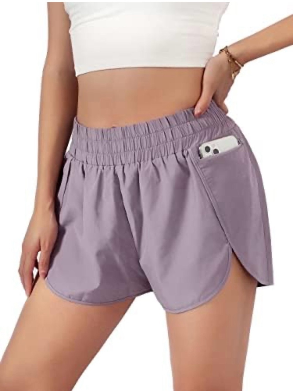 High-Rise Lavender Athletic Shorts with Side Phone Pocket 0008